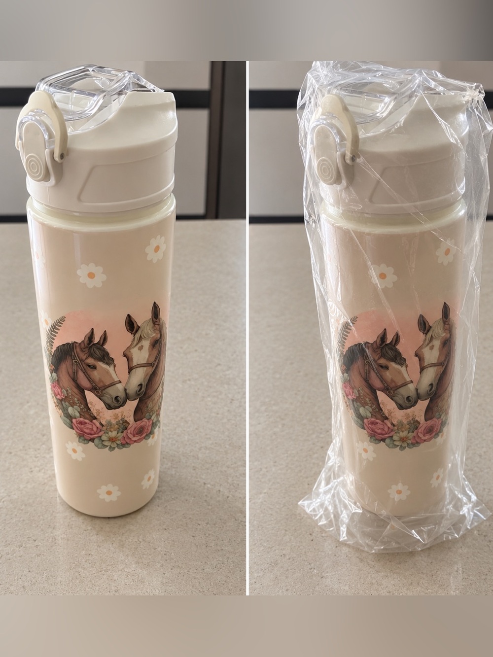 Cream Horse Print Insulated Water Bottle - Brand